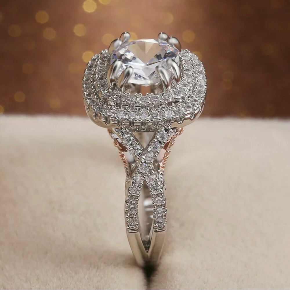 Sterling silver rose gold round cut solitaire halo wedding ring white Sapphires - Picture 8 of 11